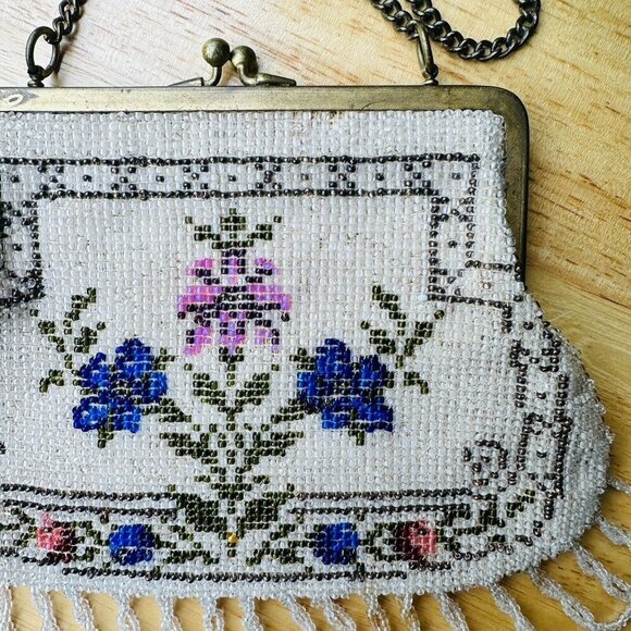 Antique Edwardian Fringe Flapper Purse Evening Bag Micro Seed Bead Floral Metal - Picture 3 of 16